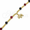 Oro Laminado Charm Bracelet, Gold Filled Style Elephant and Ball Design, with Black Azavache and Ruby Crystal, Polished, Golden Finish, 03.32.0228.07 (7 Inches Length)
