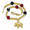 Oro Laminado Charm Bracelet, Gold Filled Style Elephant and Ball Design, with Black Azavache and Ruby Crystal, Polished, Golden Finish, 03.32.0228.07 (7 Inches Length)