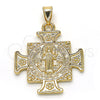 Oro Laminado Religious Pendant, Gold Filled Style San Benito and Flower Design, Polished, Golden Finish, 05.253.0064