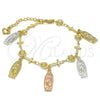 Oro Laminado Fancy Bracelet, Gold Filled Style Guadalupe and Cross Design, Polished, Tricolor, 03.351.0030.07 (07 MM Thickness, 7 Inches Length)
