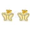 Oro Laminado Stud Earring, Gold Filled Style Butterfly Design, with White Micro Pave, Polished, Golden Finish, 02.156.0328