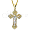 Oro Laminado Religious Pendant, Gold Filled Style Crucifix Design, Polished, Tricolor, 05.351.0023