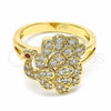 Oro Laminado Multi Stone Ring, Gold Filled Style Peacock Design, with White and Garnet Cubic Zirconia, Polished, Golden Finish, 01.365.0015.07 (Size 7)