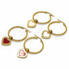 Stainless Steel Medium Hoop, Heart Design, Red Enamel Finish, Golden Finish, 02.364.0008.1.30