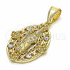 Oro Laminado Religious Pendant, Gold Filled Style San Judas and Flower Design, with White Crystal, Polished, Golden Finish, 05.253.0067