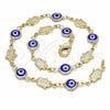 Oro Laminado Fancy Anklet, Gold Filled Style Evil Eye and Hand of God Design, Blue Resin Finish, Golden Finish, 03.326.0007.1.10 (07 MM Thickness, 10 Inches Length)
