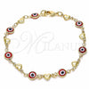 Oro Laminado Fancy Bracelet, Gold Filled Style Evil Eye and Heart Design, Red Resin Finish, Golden Finish, 03.326.0008.1.08 (07 MM Thickness, 8 Inches Length)