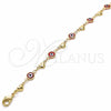 Oro Laminado Fancy Anklet, Gold Filled Style Evil Eye and Heart Design, Red Resin Finish, Golden Finish, 03.326.0008.1.10 (07 MM Thickness, 10 Inches Length)