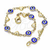 Oro Laminado Fancy Bracelet, Gold Filled Style Evil Eye and Heart Design, Blue Resin Finish, Golden Finish, 03.326.0008.2.08 (07 MM Thickness, 8 Inches Length)