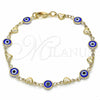 Oro Laminado Fancy Bracelet, Gold Filled Style Evil Eye and Heart Design, Blue Resin Finish, Golden Finish, 03.326.0008.2.08 (07 MM Thickness, 8 Inches Length)