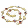 Oro Laminado Fancy Anklet, Gold Filled Style Evil Eye and Elephant Design, Red Resin Finish, Golden Finish, 03.326.0010.1.10 (07 MM Thickness, 10 Inches Length)