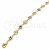 Oro Laminado Fancy Anklet, Gold Filled Style Evil Eye and Four-leaf Clover Design, Red Resin Finish, Golden Finish, 03.326.0011.1.10 (08 MM Thickness, 10 Inches Length)