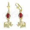 Oro Laminado Long Earring, Gold Filled Style Elephant Design, with Garnet Cubic Zirconia, Polished, Golden Finish, 02.351.0021.1