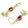 Oro Laminado Long Earring, Gold Filled Style Elephant Design, with Garnet Cubic Zirconia, Polished, Golden Finish, 02.351.0021.1