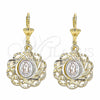 Oro Laminado Dangle Earring, Gold Filled Style Flower and Guadalupe Design, Polished, Tricolor, 02.351.0034