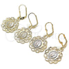 Oro Laminado Dangle Earring, Gold Filled Style Flower and Guadalupe Design, Polished, Tricolor, 02.351.0034