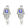 Sterling Silver Huggie Hoop, Hand of God and Evil Eye Design, with White Cubic Zirconia, Blue Enamel Finish, Rhodium Finish, 02.336.0155.12