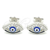 Sterling Silver Stud Earring, Evil Eye Design, Blue Enamel Finish, Rhodium Finish, 02.336.0166