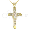 Oro Laminado Religious Pendant, Gold Filled Style Cross and Guadalupe Design, with White Crystal, Polished, Tricolor, 05.351.0059