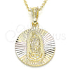 Oro Laminado Religious Pendant, Gold Filled Style Guadalupe Design, Diamond Cutting Finish, Tricolor, 05.351.0064