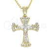 Oro Laminado Religious Pendant, Gold Filled Style Crucifix Design, with White Crystal, Polished, Tricolor, 05.351.0069
