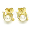 Oro Laminado Stud Earring, Gold Filled Style Ball Design, with Ivory Pearl and White Micro Pave, Polished, Golden Finish, 02.156.0353