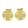 Oro Laminado Stud Earring, Gold Filled Style Flower and Heart Design, with White Cubic Zirconia, Polished, Golden Finish, 02.156.0384