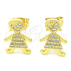 Oro Laminado Stud Earring, Gold Filled Style Little Girl Design, with White Micro Pave, Polished, Golden Finish, 02.156.0399