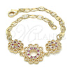 Oro Laminado Fancy Bracelet, Gold Filled Style Flower Design, with Ruby and White Cubic Zirconia, Polished, Golden Finish, 03.233.0045.08 (04 MM Thickness, 8 Inches Length)