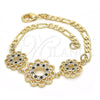 Oro Laminado Fancy Bracelet, Gold Filled Style Flower Design, with Black and White Cubic Zirconia, Polished, Golden Finish, 03.233.0046.08 (04 MM Thickness, 8 Inches Length)
