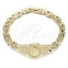 Oro Laminado Fancy Bracelet, Gold Filled Style Divino Niño and Heart Design, Diamond Cutting Finish, Golden Finish, 03.100.0063.07 (08 MM Thickness, 7 Inches Length)