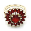 Oro Laminado Multi Stone Ring, Gold Filled Style Flower Design, with Ruby Cubic Zirconia, Polished, Golden Finish, 01.210.0106.1.07 (Size 7)