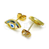 Oro Laminado Stud Earring, Gold Filled Style Evil Eye Design, with Multicolor Cubic Zirconia, White Enamel Finish, Golden Finish, 02.341.0031
