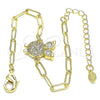 Oro Laminado Fancy Bracelet, Gold Filled Style Owl and Paperclip Design, with White Micro Pave, Polished, Golden Finish, 03.313.0028.07 (03 MM Thickness, 7 Inches Length)