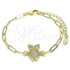 Oro Laminado Fancy Bracelet, Gold Filled Style Owl and Paperclip Design, with White Micro Pave, Polished, Golden Finish, 03.313.0028.07 (03 MM Thickness, 7 Inches Length)