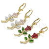 Oro Laminado Dangle Earring, Gold Filled Style Flower and Leaf Design, Polished, Tricolor, 02.351.0070.1