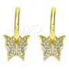 Oro Laminado Dangle Earring, Gold Filled Style Butterfly Design, with White Micro Pave, Polished, Golden Finish, 02.341.0041