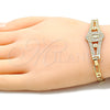 Oro Laminado Fancy Bracelet, Gold Filled Style Guadalupe and Flower Design, Polished, Golden Finish, 03.351.0090.08 (05 MM Thickness, 8 Inches Length)
