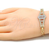 Oro Laminado Fancy Bracelet, Gold Filled Style Guadalupe and Flower Design, Polished, Tricolor, 03.351.0090.1.08 (05 MM Thickness, 8 Inches Length)
