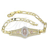 Oro Laminado Fancy Bracelet, Gold Filled Style Guadalupe and Flower Design, Polished, Tricolor, 03.351.0090.1.08 (05 MM Thickness, 8 Inches Length)
