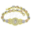 Oro Laminado Fancy Bracelet, Gold Filled Style Guadalupe and Leaf Design, Polished, Tricolor, 03.253.0051.07 (11 MM Thickness, 11 Inches Length)