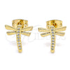 Oro Laminado Stud Earring, Gold Filled Style Dragon-Fly Design, with White Micro Pave, Polished, Golden Finish, 02.342.0079