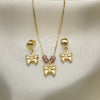 Oro Laminado Earring and Pendant Adult Set, Gold Filled Style Butterfly and Box Design, with Astral Pink Opal, Polished, Golden Finish, 10.09.0047