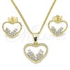 Oro Laminado Earring and Pendant Adult Set, Gold Filled Style Heart Design, with White Micro Pave, Polished, Golden Finish, 10.284.0010