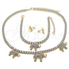 Oro Laminado Necklace, Bracelet and Earring, Gold Filled Style Elephant Design, with White Cubic Zirconia and White Crystal, Polished, Golden Finish, 06.372.0017