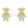 Oro Laminado Stud Earring, Gold Filled Style Teddy Bear Design, with White Micro Pave, Polished, Golden Finish, 02.156.0430
