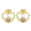 Oro Laminado Stud Earring, Gold Filled Style Heart Design, with Ruby Micro Pave, Polished, Golden Finish, 02.156.0442.1