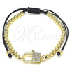 Oro Laminado Adjustable Bolo Bracelet, Gold Filled Style Lock and Ball Design, with White Micro Pave, Polished, Golden Finish, 03.341.0085.11 (04 MM Thickness, 11 Inches Length)