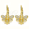 Oro Laminado Leverback Earring, Gold Filled Style Bee Design, with White Micro Pave, Polished, Golden Finish, 02.210.0378