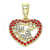 Oro Laminado Fancy Pendant, Gold Filled Style Heart and Butterfly Design, with Garnet and White Crystal, Polished, Golden Finish, 05.253.0095
